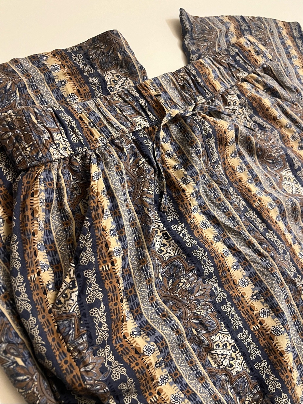 SO Wide Leg Pants in Navy, Tan & Cream Paisley Stripe